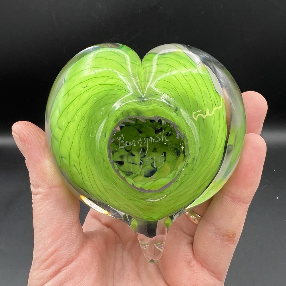 Artist Signed Blue Green Heart Shaped Art Glass Paperweight Seattle Seahawks - Picture 4 of 9